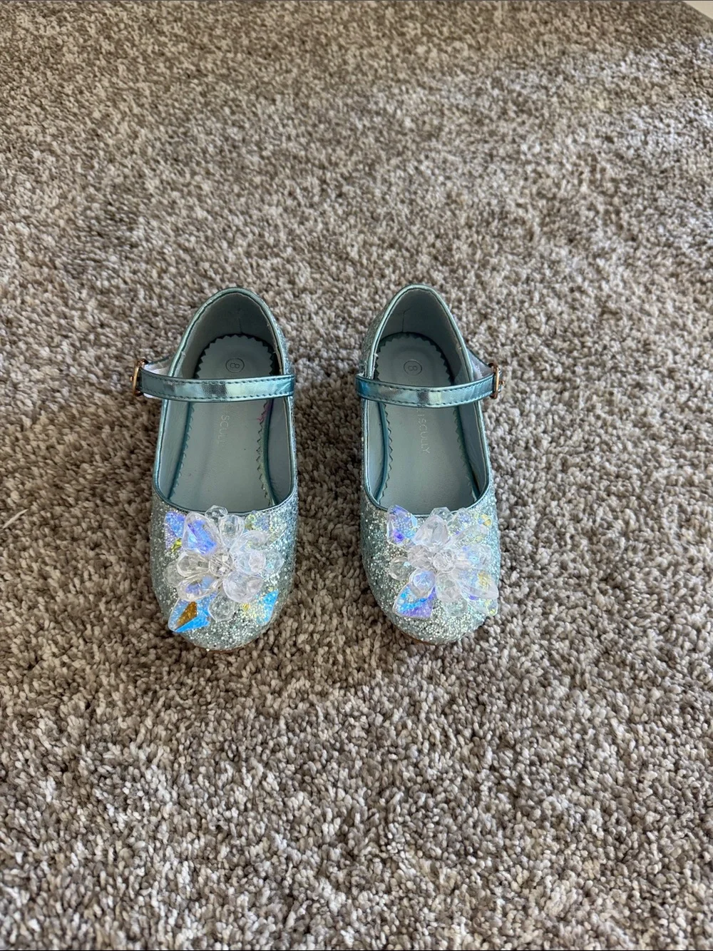 Girls Teal Glitter Mary Jane Dress Up Shoes with Floral Crystal Accent